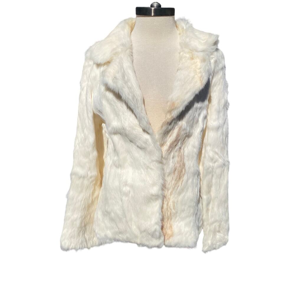 Vintage Arden B White Rabbit Fur Jacket Blazer Size Large Xtra Long Sleeves
